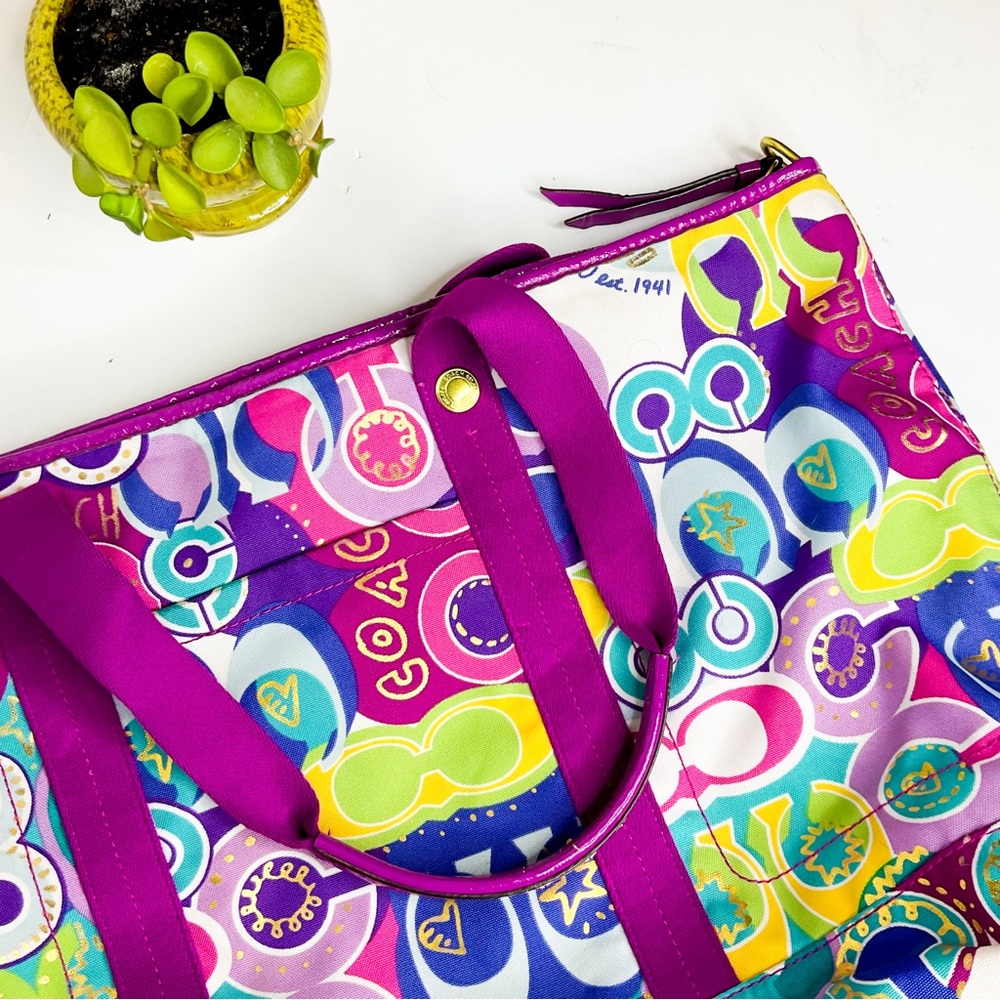 Coach Multicolor Signature Pop Art Tote with Purple Handles